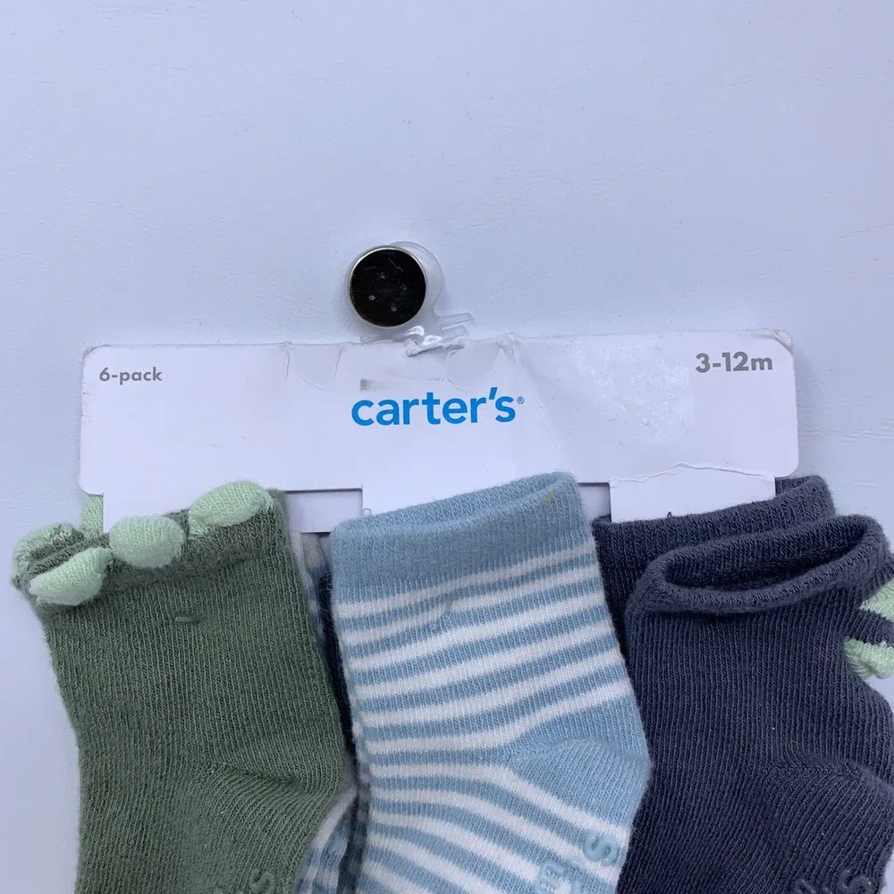 Carter's Baby 3-12m Blue Green Dinosaur Stripe 6-Pack Ankle Socks NWT